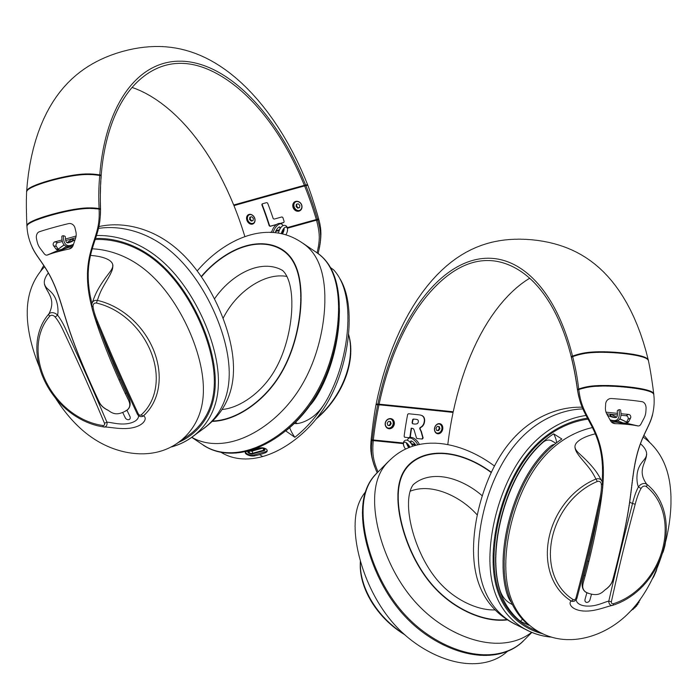 Morpheus360 Triple Connection Mode Gaming Headset Line Drawing of Headset at left and right angle