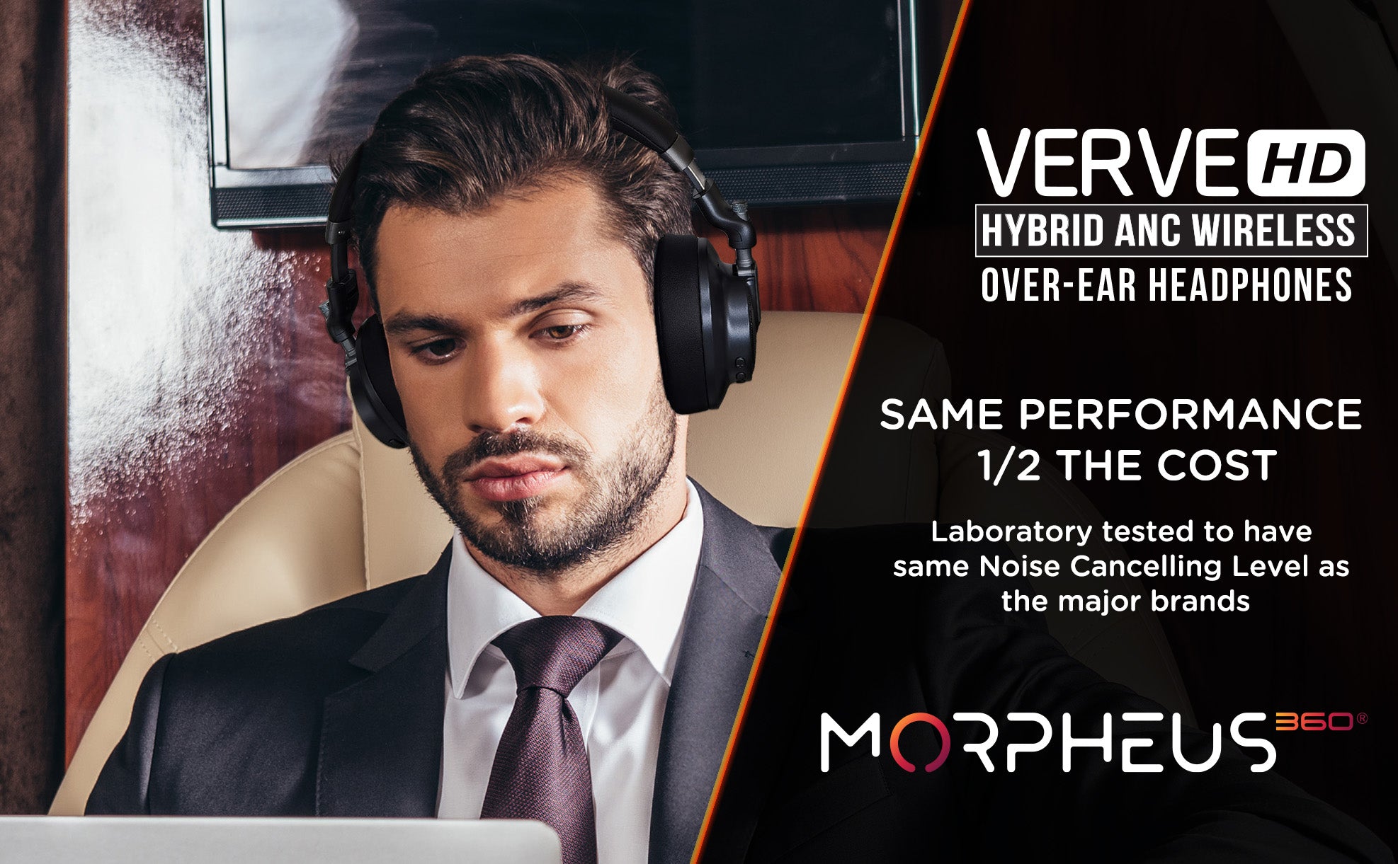 BusinesmanonPrivateJetusingMorpheus360HP9750HDVerveHDHybridANCHeadphones