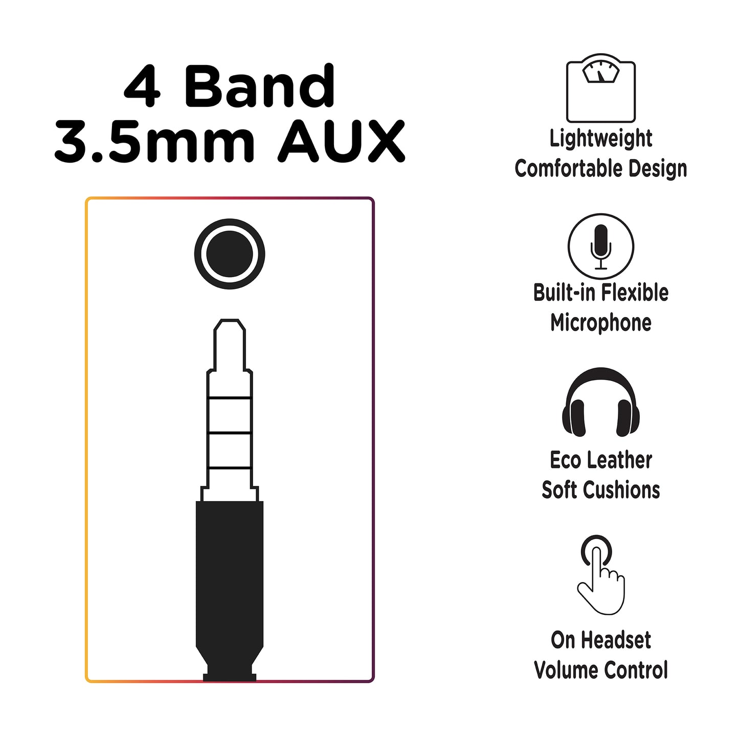 Icon image card depicting the features of the Basic MM Headset: Features are Lightweight Design, Flexible Boom Microphone, Protein Leather Ear Cushions, On Headset Volume Control, and 3.5mm Auxiliary jack to connect to a PC/Mac, Tablet or computer.