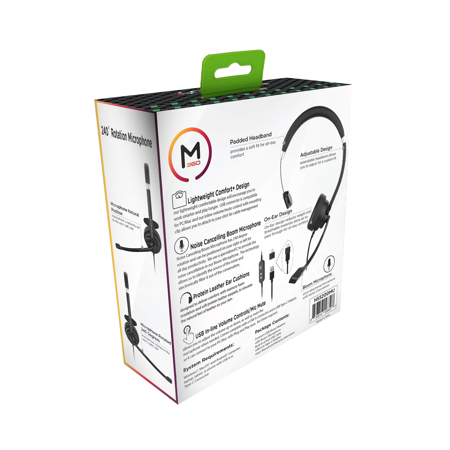 Back of Box Picture of the Connect USB Mono Headset Retail Package.