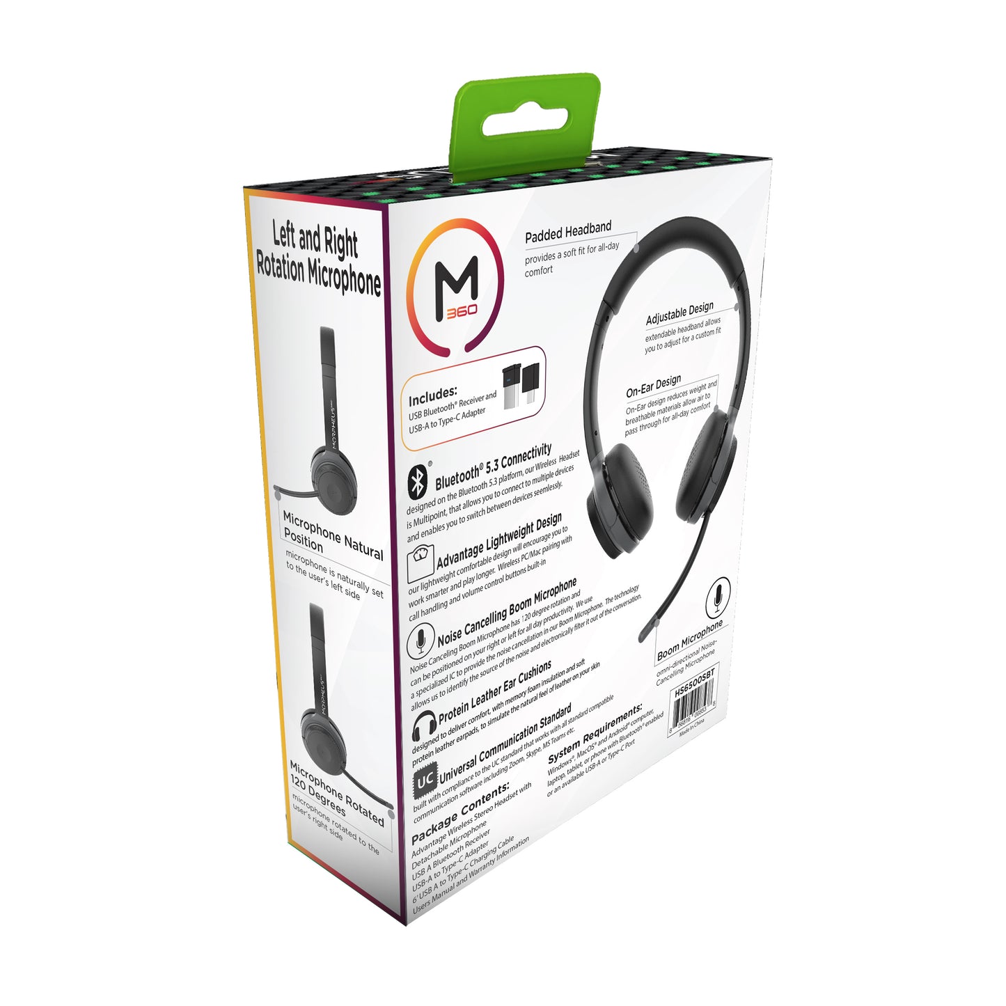 Back angled picture of the Morpheus 360 Advantage Wireless Stereo Headset retail package.