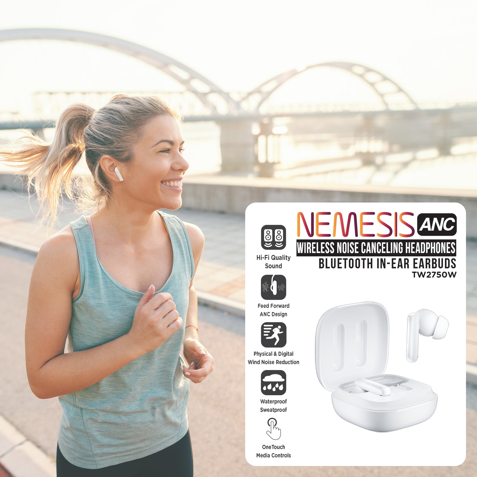 SmilingFemaleJoggingbyTheRiverDuringSunsetwhileListeningtoMusicwithMorpheus360TW2750WEarbuds