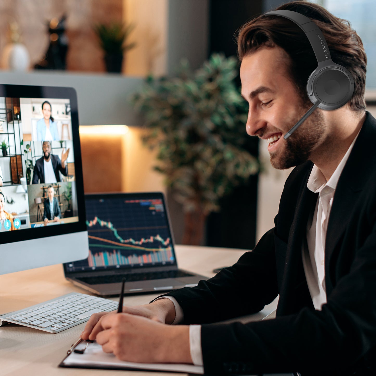 Morpheus 360 Advantage Stereo Wireless UC Headset with Detachable Boom Microphone - Bluetooth Headphones with Wireless Receiver-Dongle – 30H Playtime - HS6500SBT