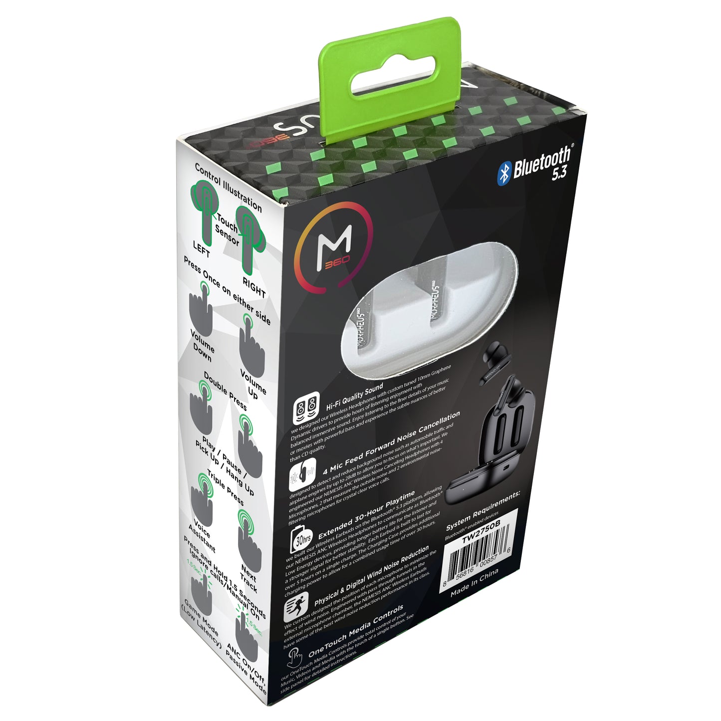 Back View Photo of Morpheus 360 Nemesis ANC True Wireless Earbuds  retail package