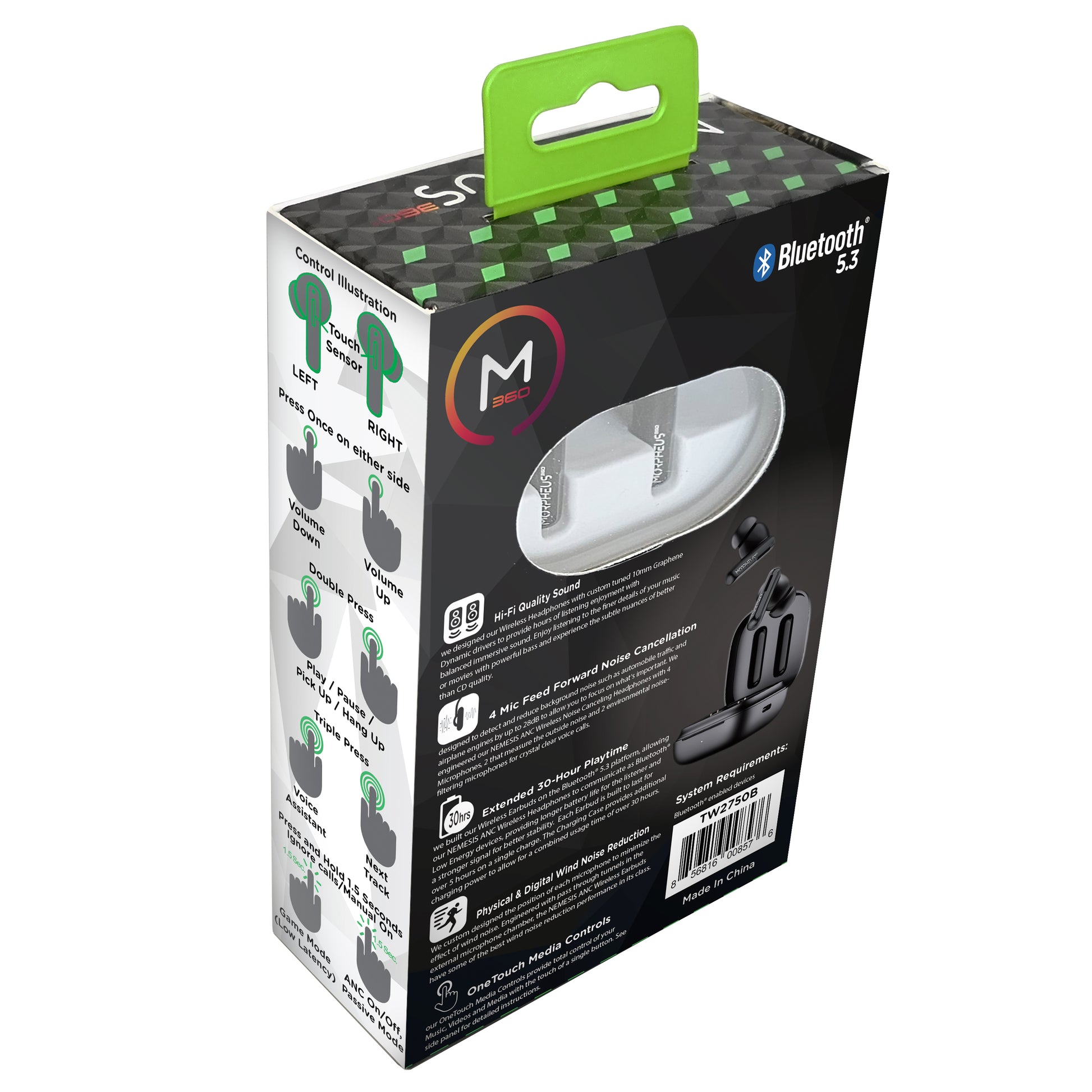 Back View Photo of Morpheus 360 Nemesis ANC True Wireless Earbuds  retail package