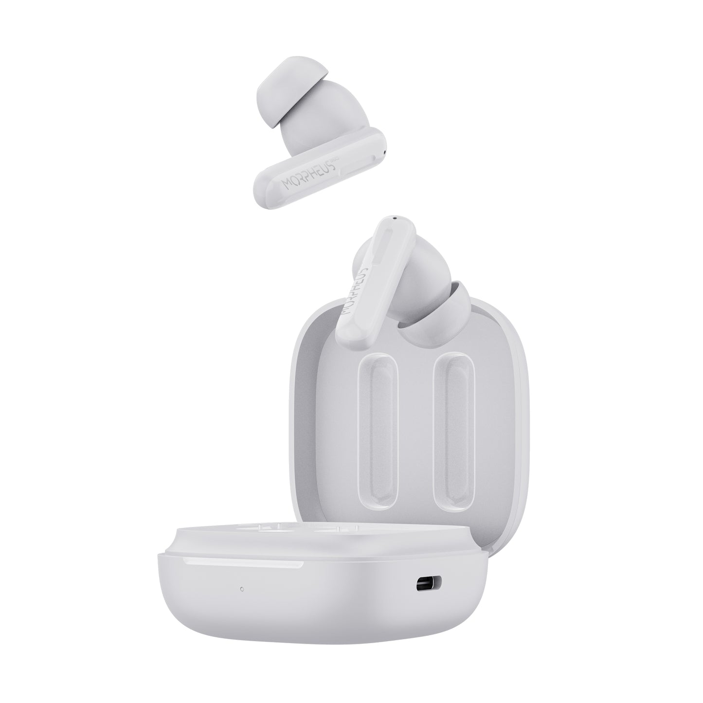 Photo of Morpheus 360 Nemesis ANC True Wireless Earbuds in white, front view with charging case open and both stick earbud is above outside of the charging case