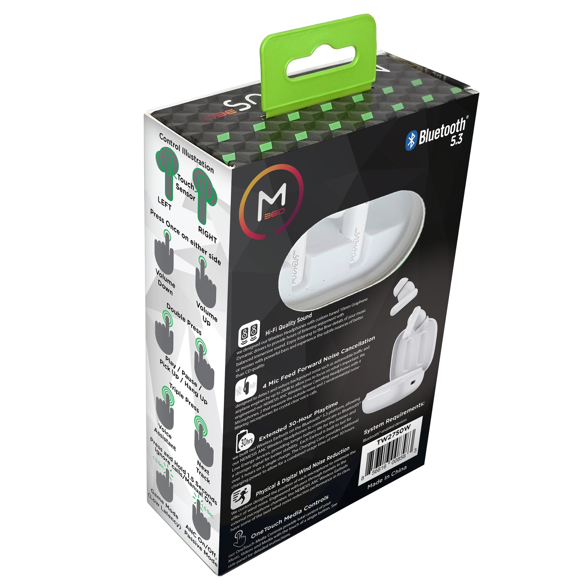 Back View Photo of Morpheus 360 Nemesis ANC True Wireless Earbuds  retail package