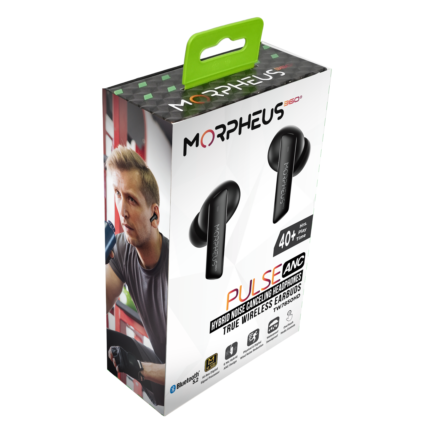 Front View Photo of Morpheus 360 Pulse ANC Hybrid ANC True Wireless Earbuds  retail package