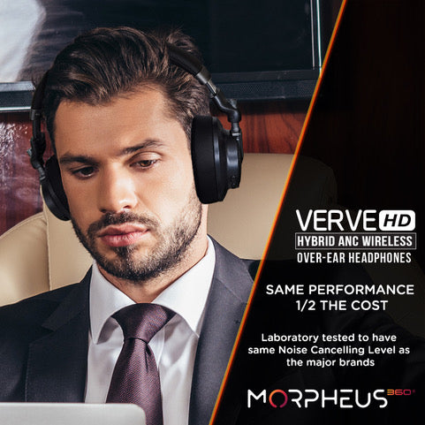 Photo of Morpheus 360 Verve HD Hybrid ANC Wireless Heaphones show a young businessman advertising same performance 1/2 the cost, Laboratory tested to have same noise cancelling lever as the major brands.