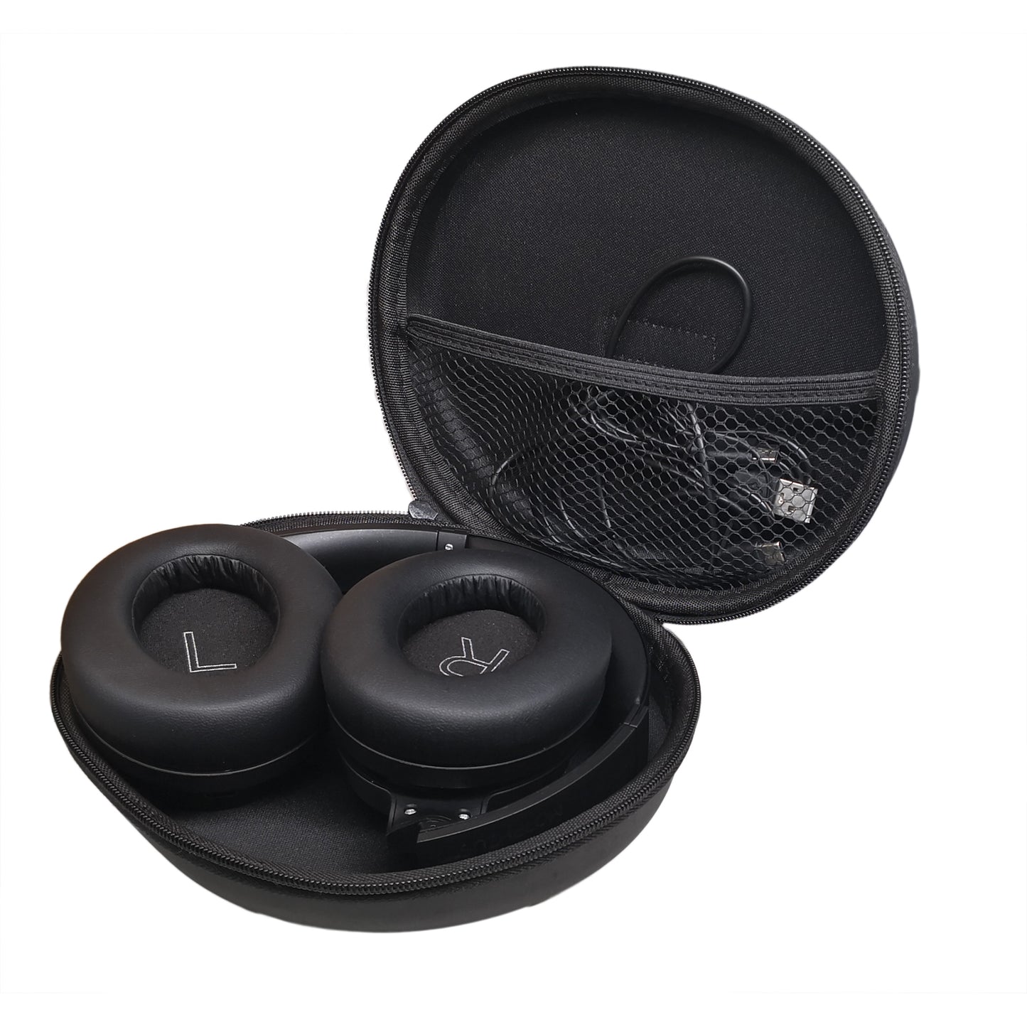 Photo of Morpheus 360 Synergy HD Active Noise Cancelling Wireless Headphones displayed in the included hardshell travel case.