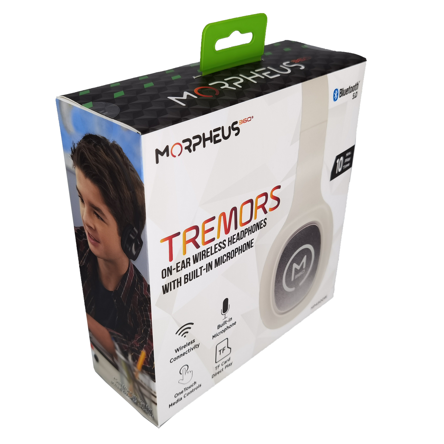 Photo of Morpheus 360 Tremors Wireless on-ear Headphones Retail Packaging displays a side view of the White with Silver accents Tremors headphones, Bluetooth 5.0, 10 Hours of Playtime, Wireless Connectivity, Built-in Microphone, One Touch Media Controls, and TF Card Direct Play features.