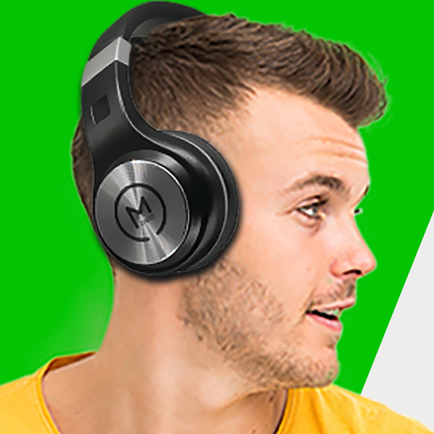 Photo of Morpheus 360 Serenity Wireless Over Ear Headphones show a young white male enjoying the sound quality of the Serenity Headphones.