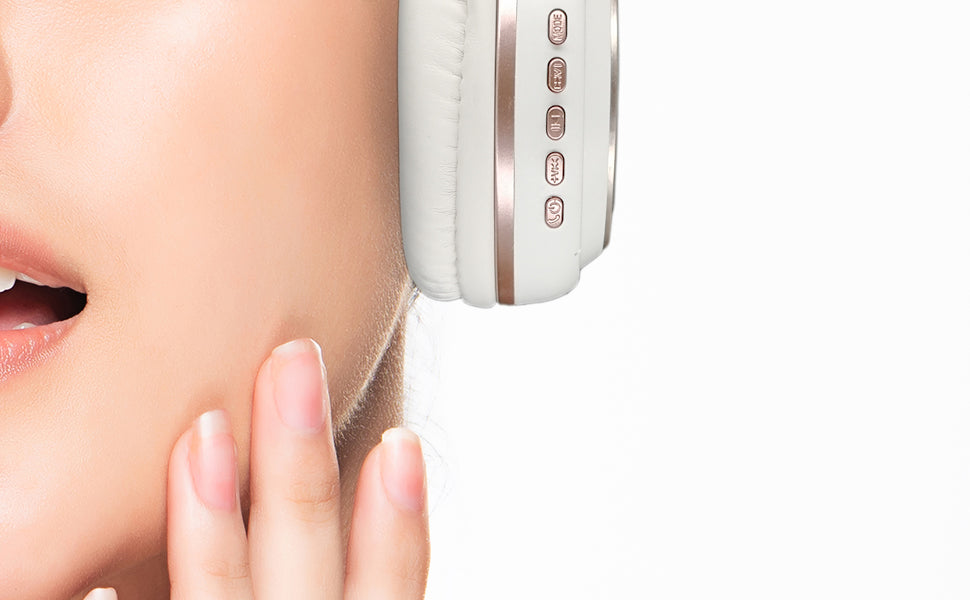 Photo of Morpheus 360 Serenity Wireless Over Ear Headphones White with Rose Gold close up photo showing the fit over the ear design.