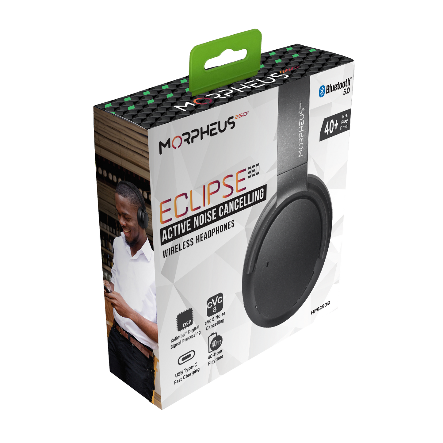 Photo of Morpheus 360 Eclipse 360 Wireless Headphones Retail packaging. The front of the retail packaging displays the side view of the Eclipse 360 headphones, as well as, Bluetooth 5.0, 40+ hours playtime, Kalimba Digital Signal Processing, cVc 8 Noise cancelling, and USB Type-C Fast Charging features.