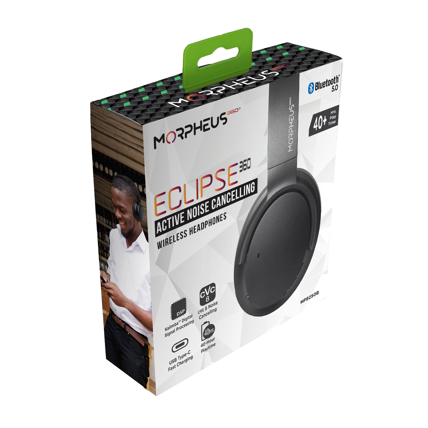 Photo of Morpheus 360 Eclipse 360 Wireless Headphones Retail packaging. The front of the retail packaging displays the side view of the Eclipse 360 headphones, as well as, Bluetooth 5.0, 40+ hours playtime, Kalimba Digital Signal Processing, cVc 8 Noise cancelling, and USB Type-C Fast Charging features.