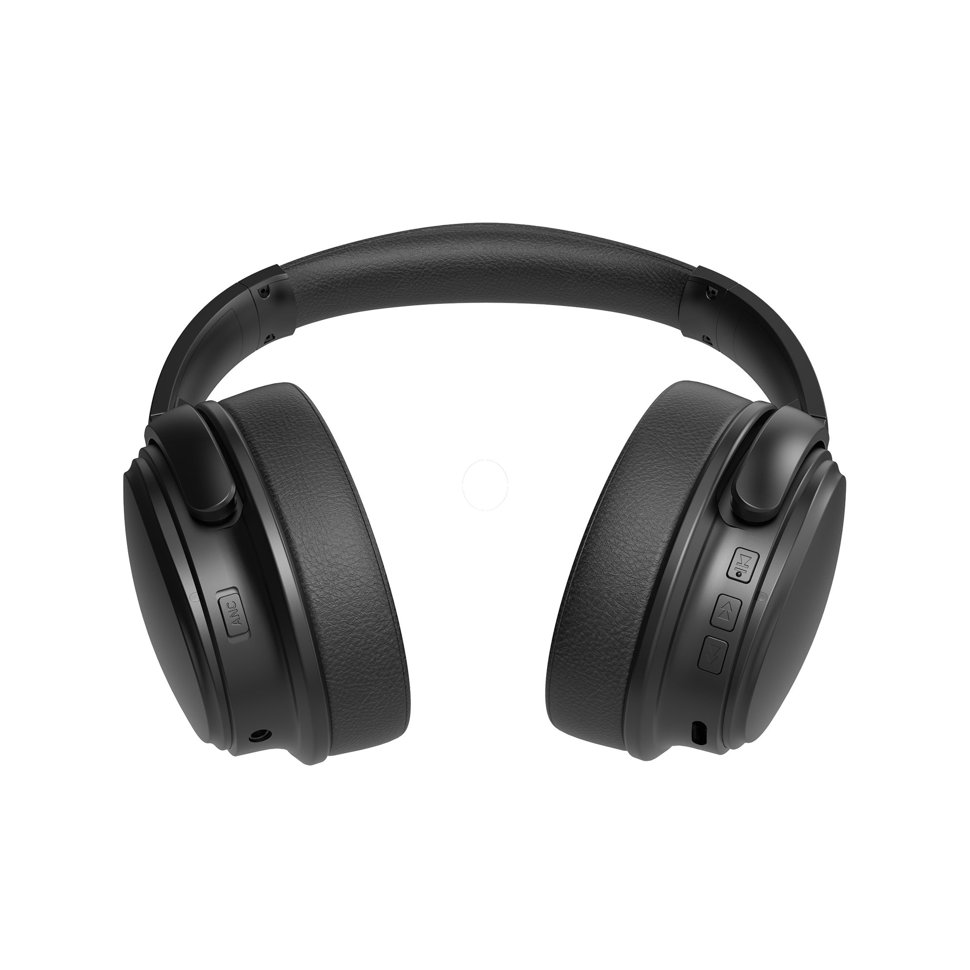 Photo of Morpheus 360 Krave ANC Wireless headphones with the Active Noise Cancelling button, 3.5mm AUX port, USB Type-C port, Play/Pause button, and Track Forward/Back button.