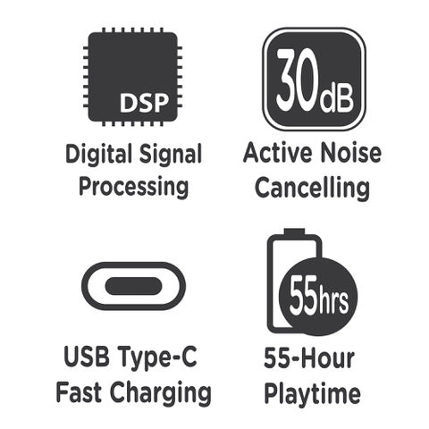 Photo of Morpheus 360 Krave ANC Wireless Headphones features: Digital Signal Processing, 30dB Active Noise Cancelling; USB Type-C Fast Charging, and 55 Hours of Playtime.