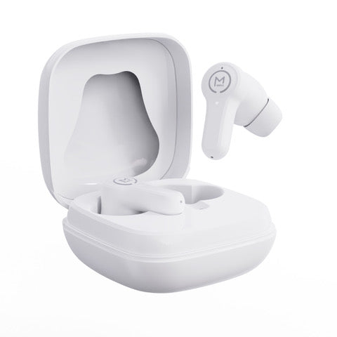 Photo of Morpheus 360 Pulse HD Virtual Hybrid ANC True Wireless Earbuds. White left and right stick earbuds with white charging case.