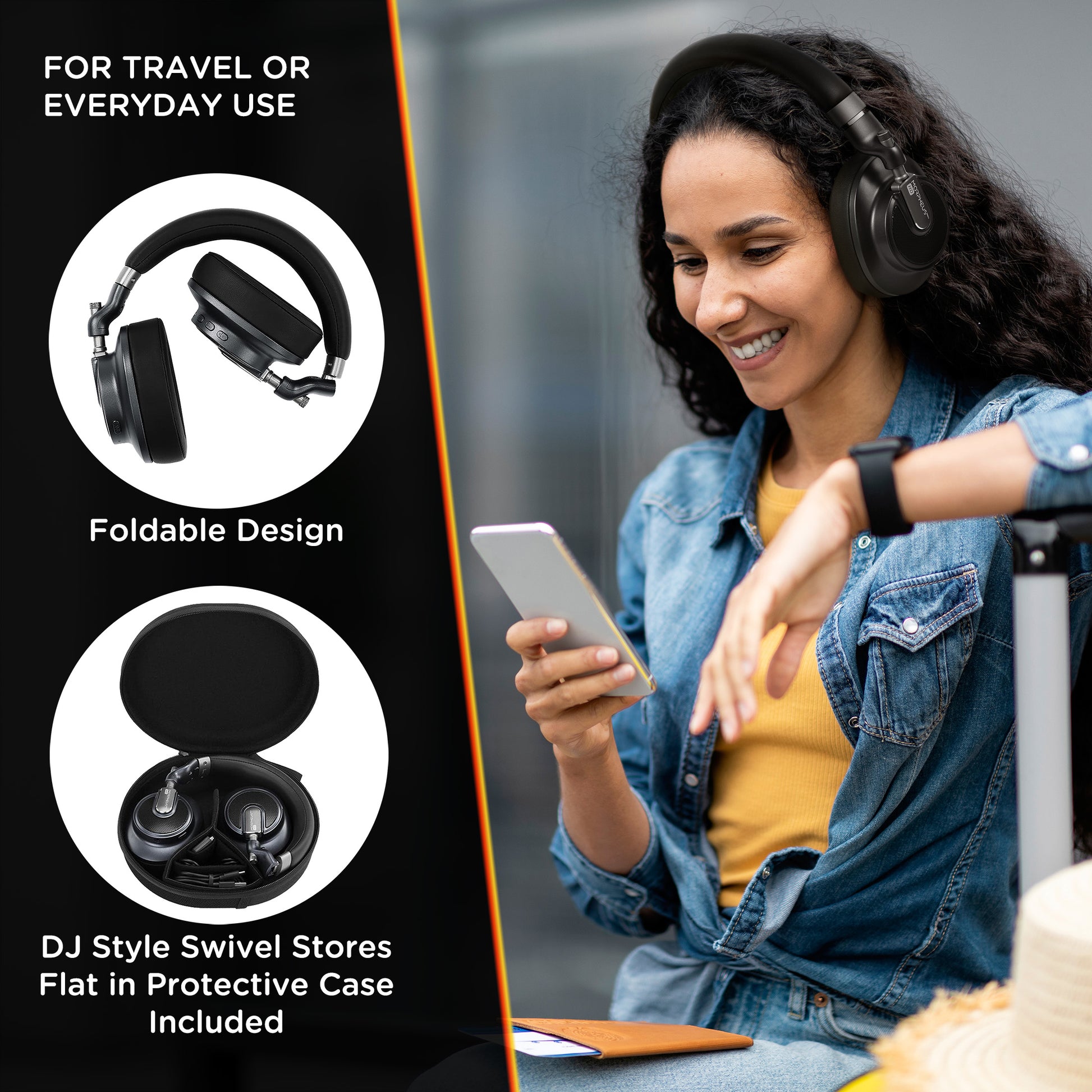 Photo of Morpheus 360 Verve HD Hybrid Wireless ANC Noise Cancelling Headphones show a female using her headphones while on a phone call. The headphones are also displayed showing their foldable design, and how with the DJ Style Swivel Stores Flat in Protective Case that is included.