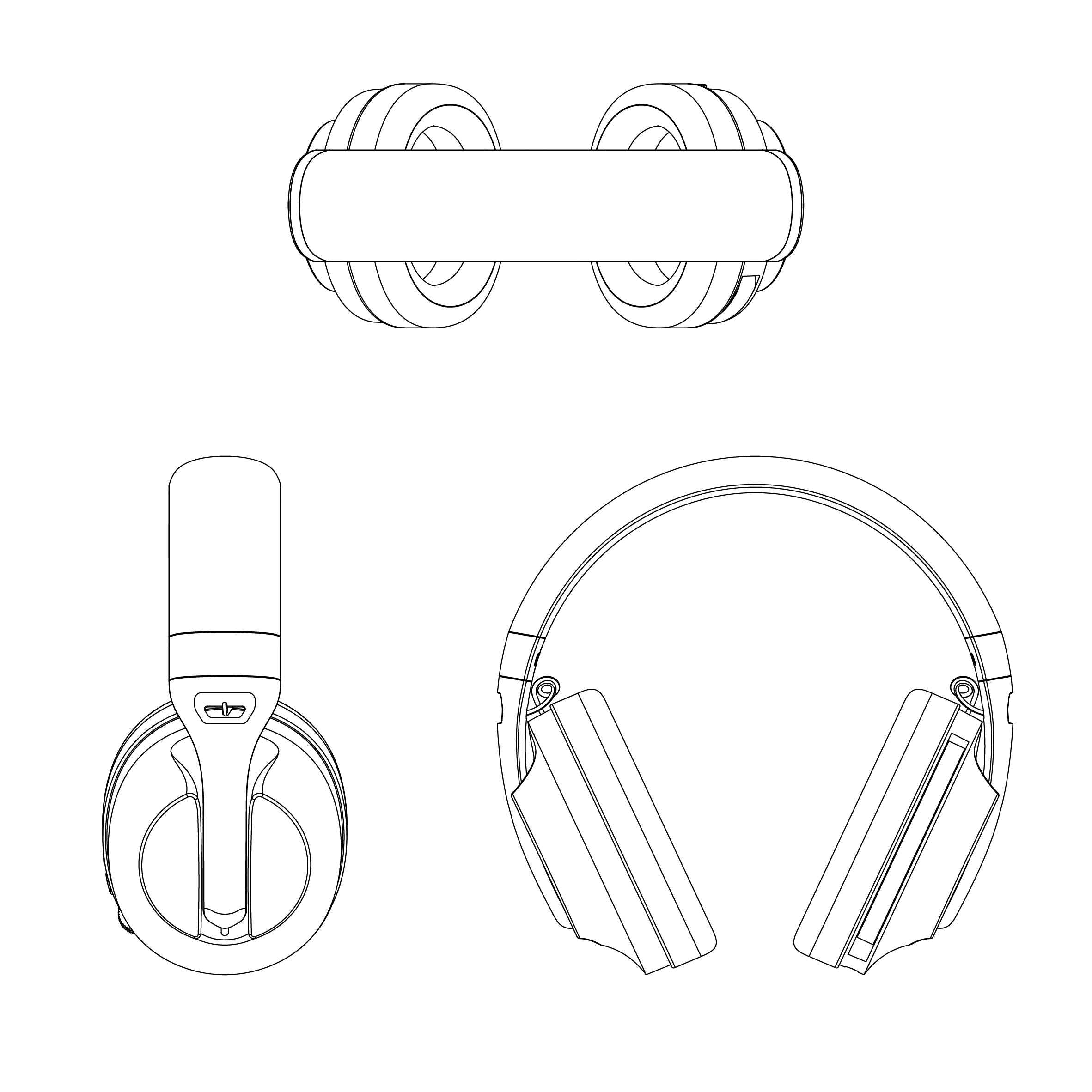 Morpheus360 Triple Connection Mode Gaming Headset Line Drawing of Headset Top, Side and Front View