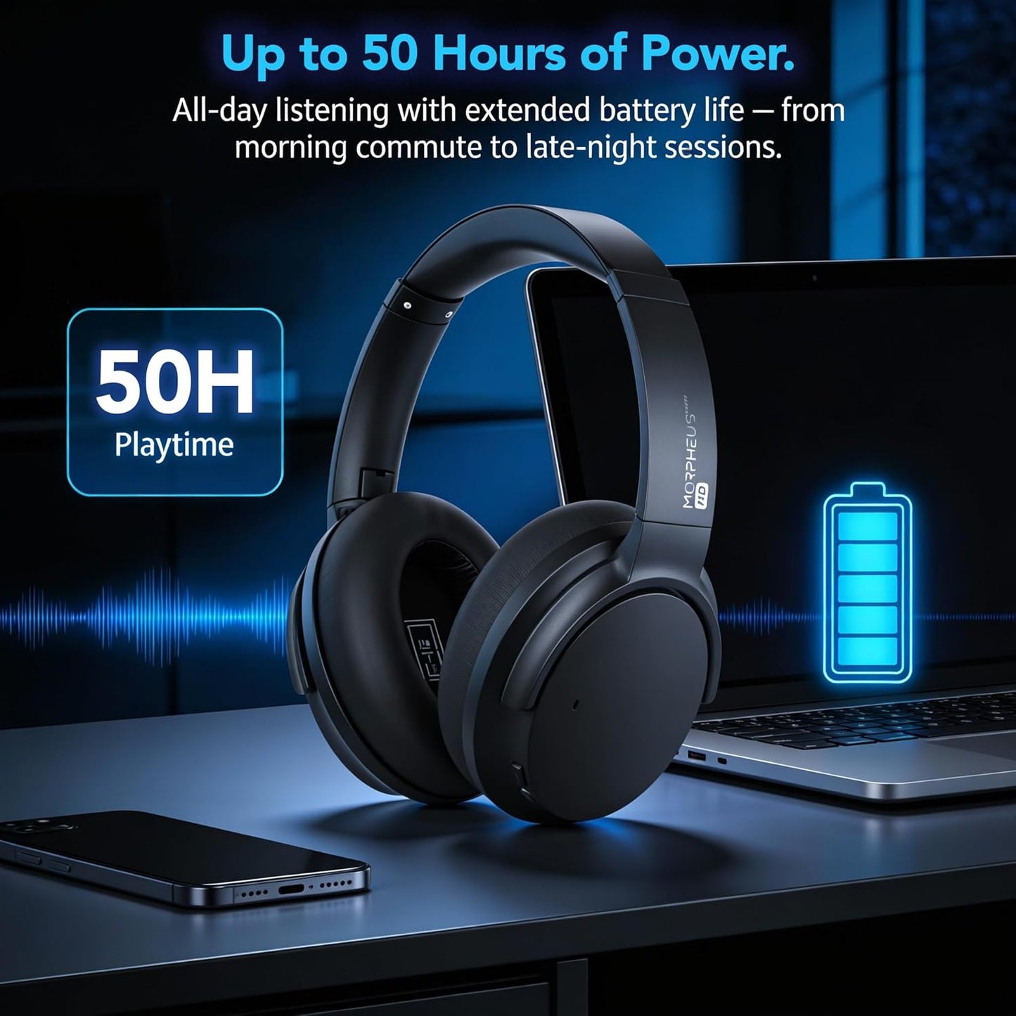 Morpheus 360 Synergy HD Active Noise Cancelling Wireless Headphones, Bluetooth Headset with Mic, 50H Playtime, Deep Bass, Travel Case, HP9550HD