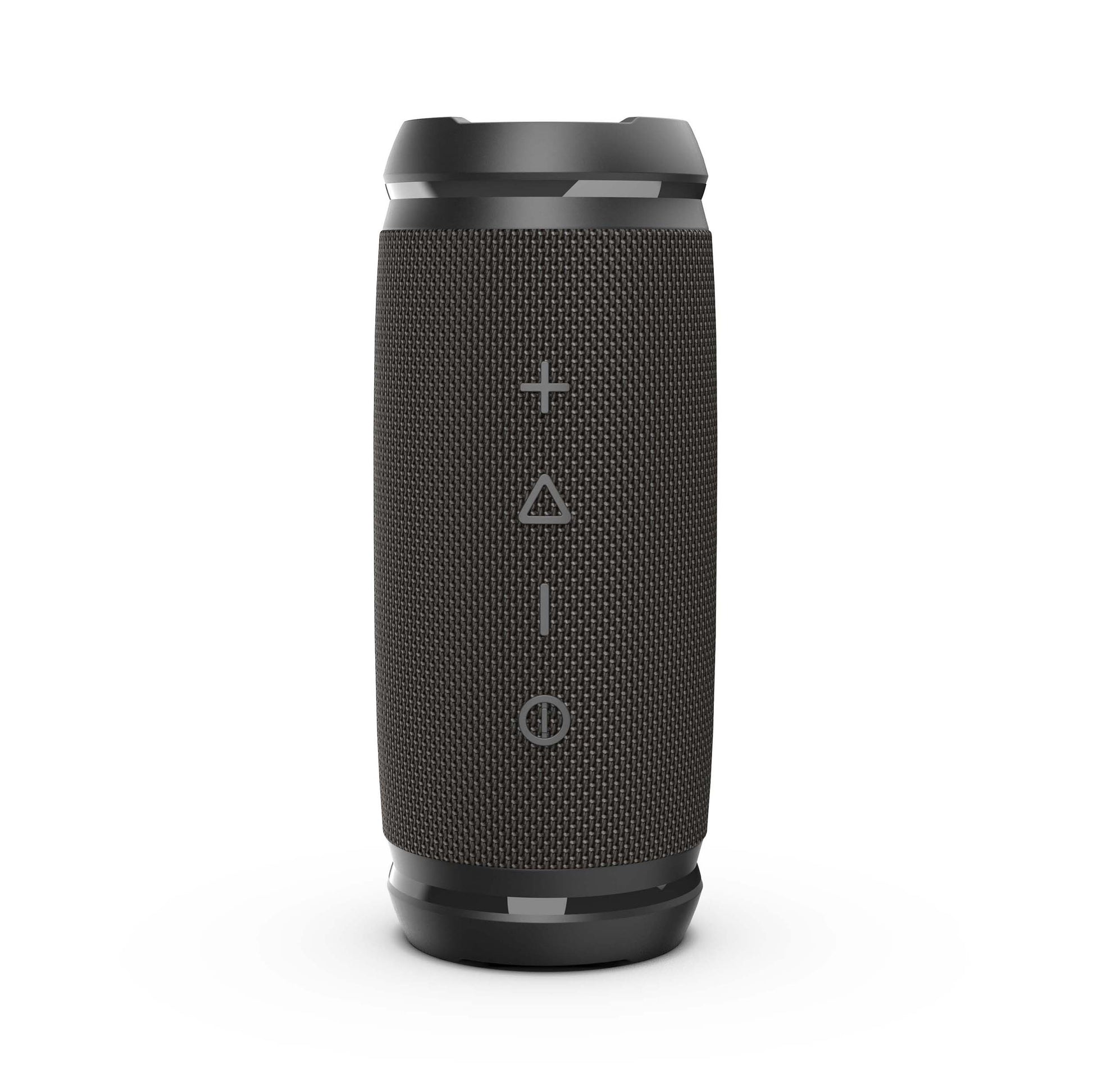 Vertical view of the Morpheus 360 Sound Stage Wireless Portable Bluetooth Speaker with the one touch media controls on the face of the speaker.