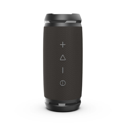 Vertical view of the Morpheus 360 Sound Stage Wireless Portable Bluetooth Speaker with the one touch media controls on the face of the speaker.