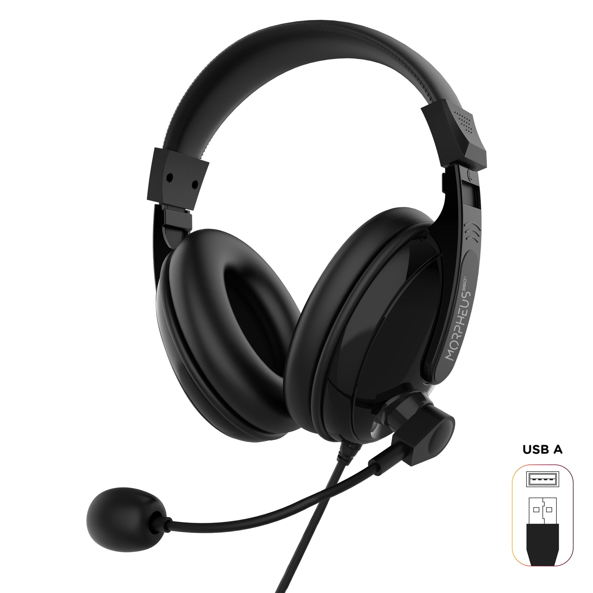 Front view of the Deluxe MM Headset with Boom Microphone.  Inset photo shows USB A Connector to connect to a PC/Mac, Tablet, Phone or computer.