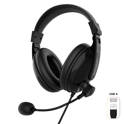 Front angled picture of the Deluxe Multimedia Headset with Boom Microphone. Inset picture shows USB A connector to connect to a PC/Mac, Tablet or Phone.