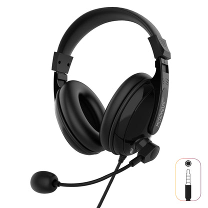 Front angled picture of the Basic Multimedia Headset with Boom Microphone.  Inset picture shows 3.5mm connector to connect to a PC/Mac, Tablet or Phone.