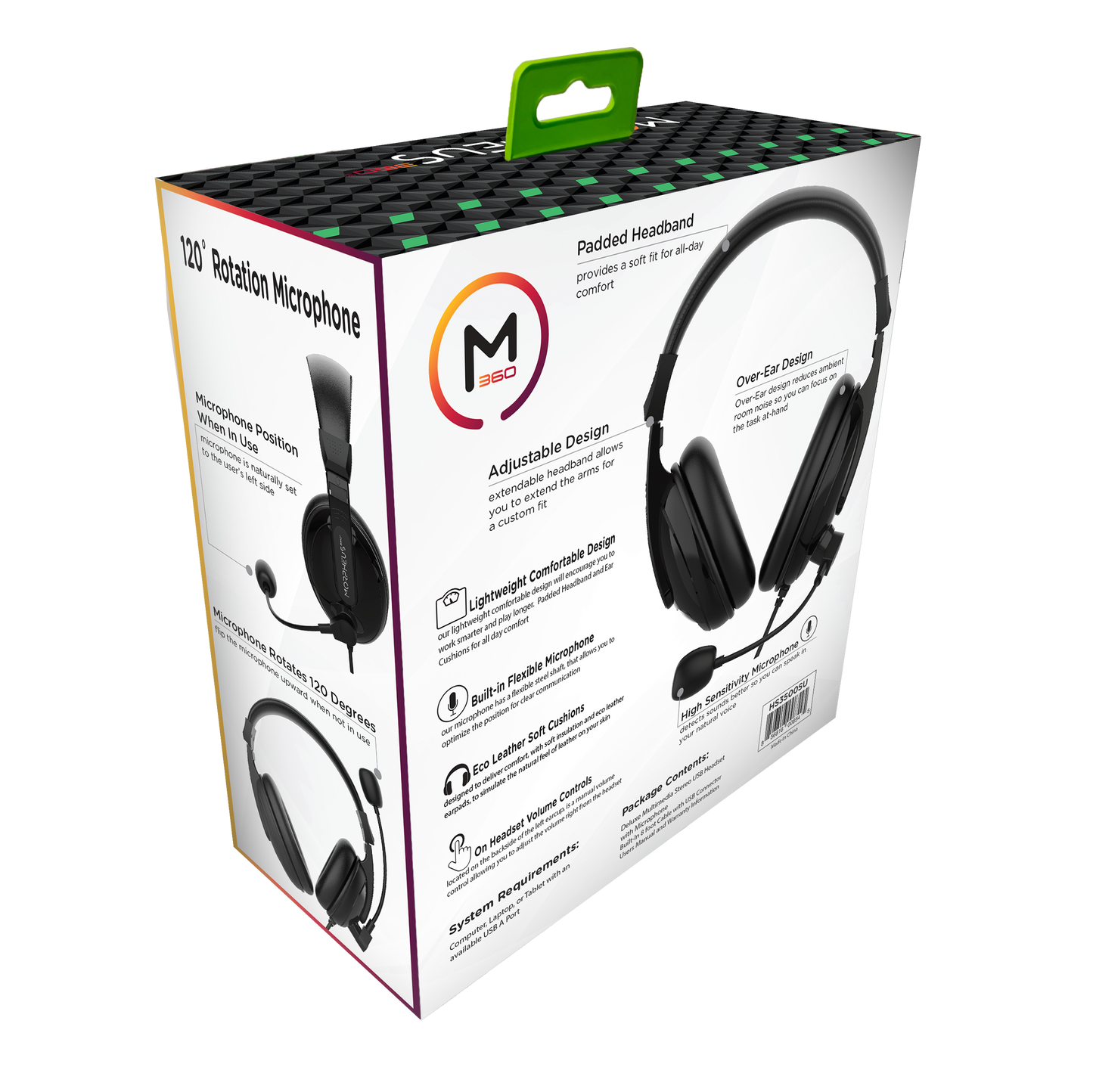 Back angled view of the Morpheus 360 Model HS3500SU Deluxe Multimedia Headset with Boom Microphone Retail Package