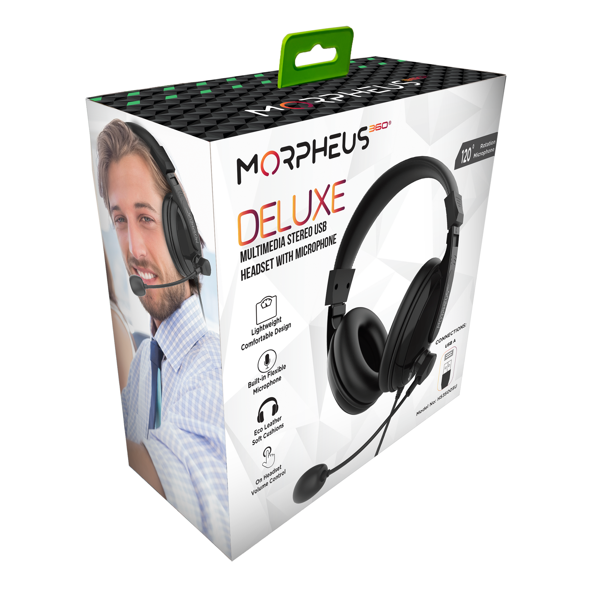 Front angled view of the Morpheus 360 Model HS3500SU Deluxe Multimedia Headset with Boom Microphone Retail Package.