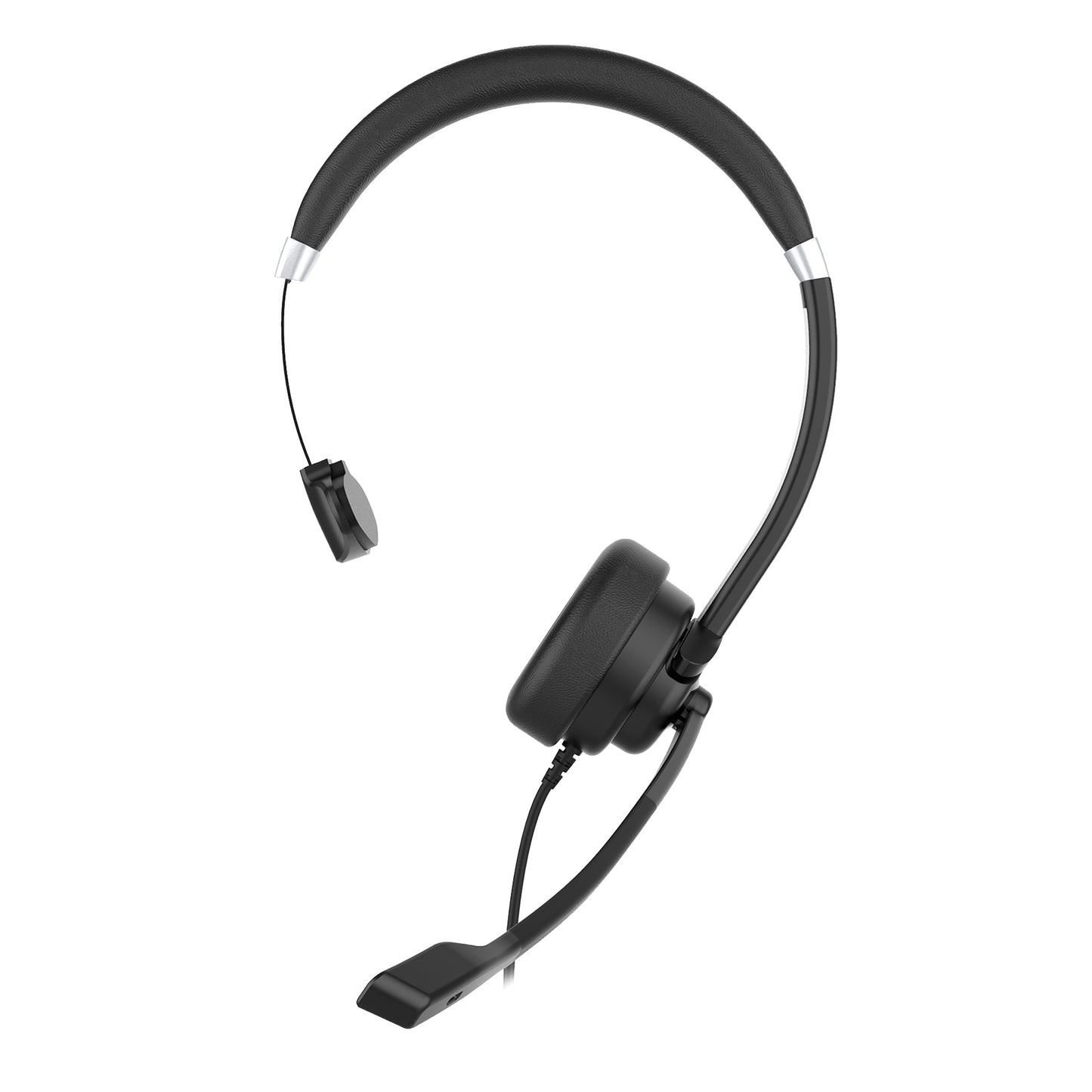 Front view of the Connect USB Mono Headset with Boom Microphone. Inset photo shows USB A Connector to connect to a PC/Mac, Tablet, Phone or computer.