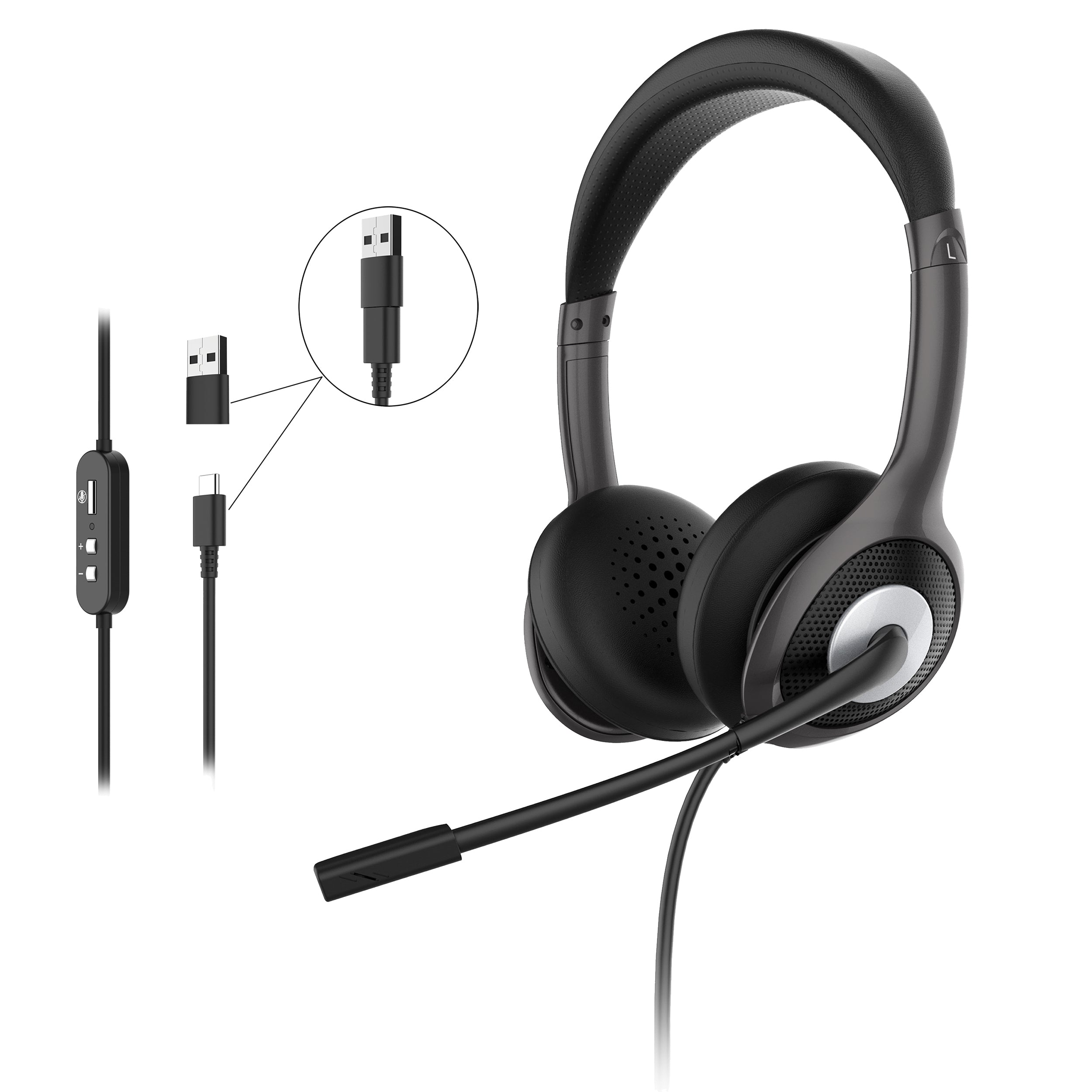 Morpheus 360 Connect USB Stereo Headset with Boom Mic Noise Reduction Microphone Protein Leather Ear Cushions In Line Volume Controls Mute