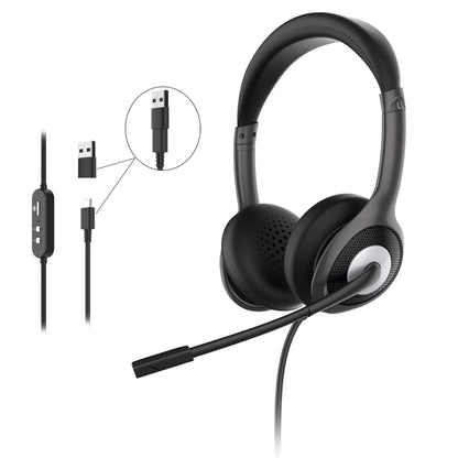 Front view of the Connect USB Stereo Headset with Boom Microphone. Inset photo shows USB A Connector to connect to a PC/Mac, Tablet, Phone or computer.