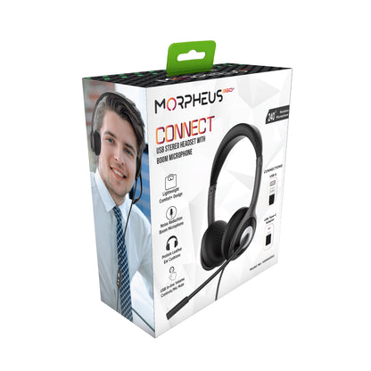 Front Picture of the Connect USB Stereo Headset Retail Package.