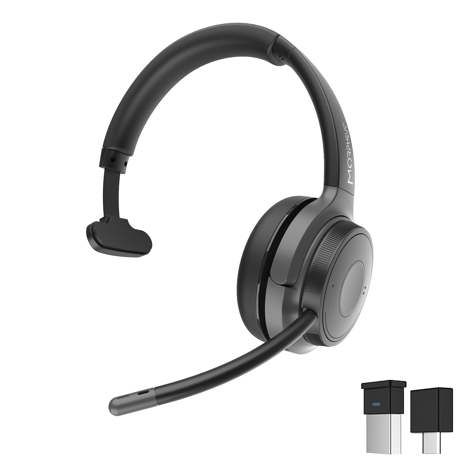 Front profile of the Advantage Wireless Mono Headset with padded headband and Memory foam ear cushion. Image shows USB A Receiver & USB C Adapter so you can connect the headset to Computers or tablets without Bluetooth