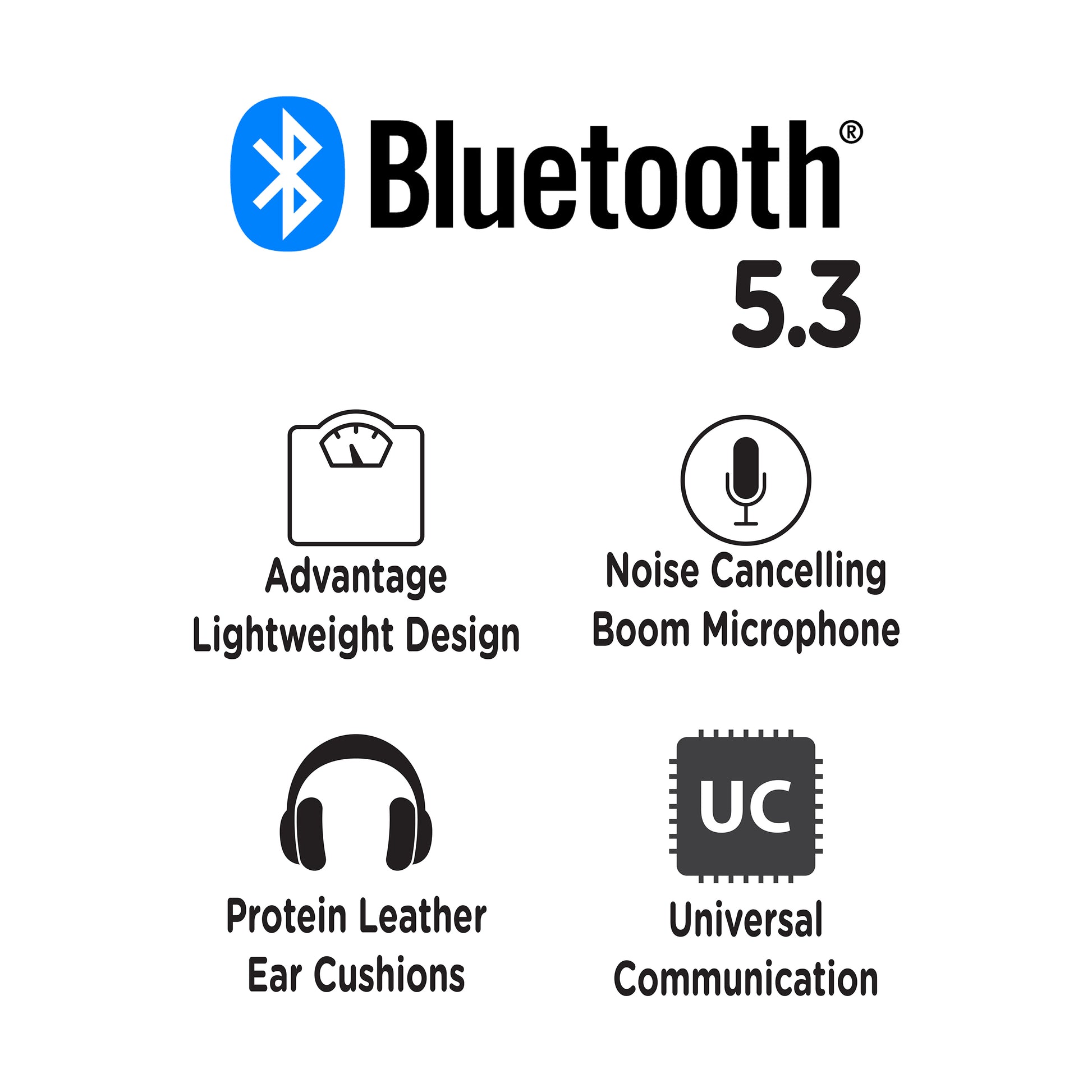 Icon image card depicting the features of the Advantage Wireless Stereo Headset: Features are Bluetooth 5.3, Lightweight Design, Noise Cancelling Boom Microphone, Protein Leather Ear Cushions, UC Compatible.