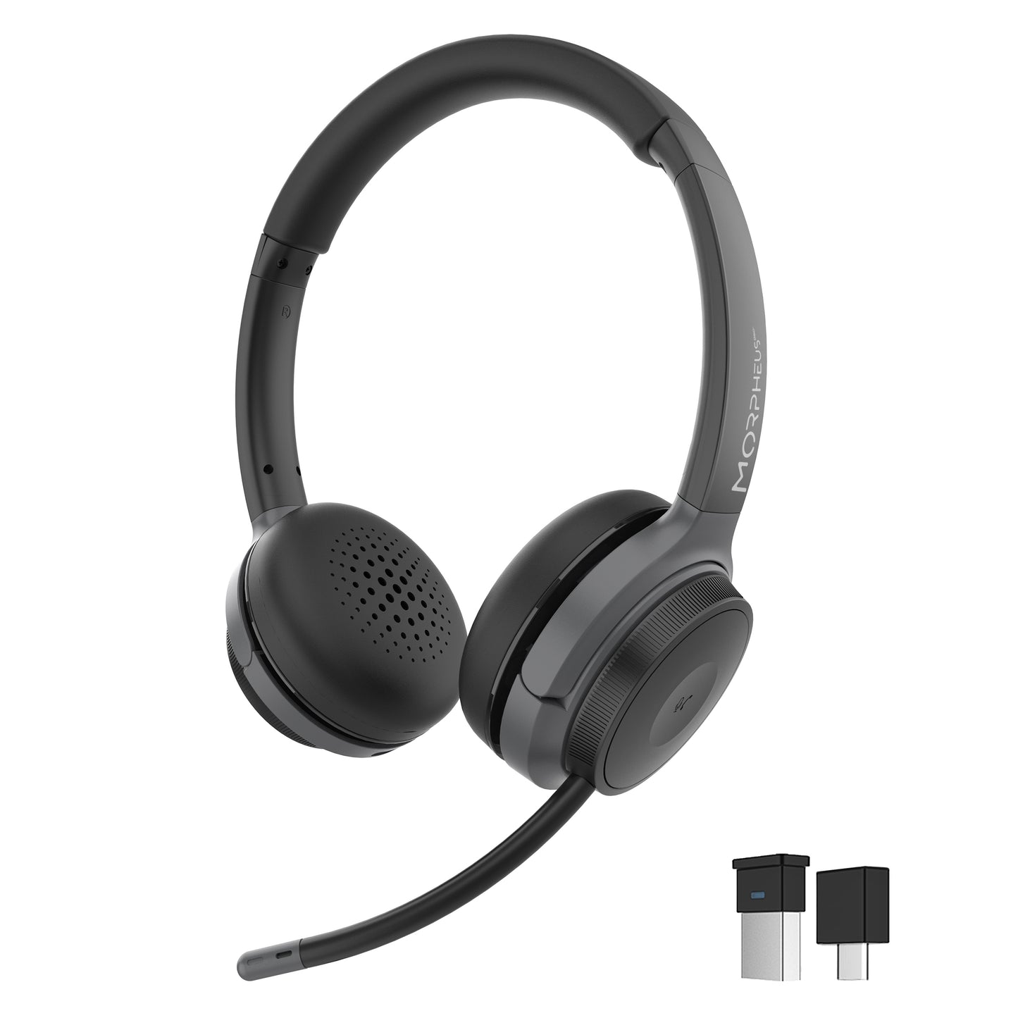 Front profile of the Advantage Wireless Headset with padded headband and Memory foam ear cushions.  Image shows USB A Receiver & USB C Adapter so you can connect the headset to Computers or tablets without Bluetooth.