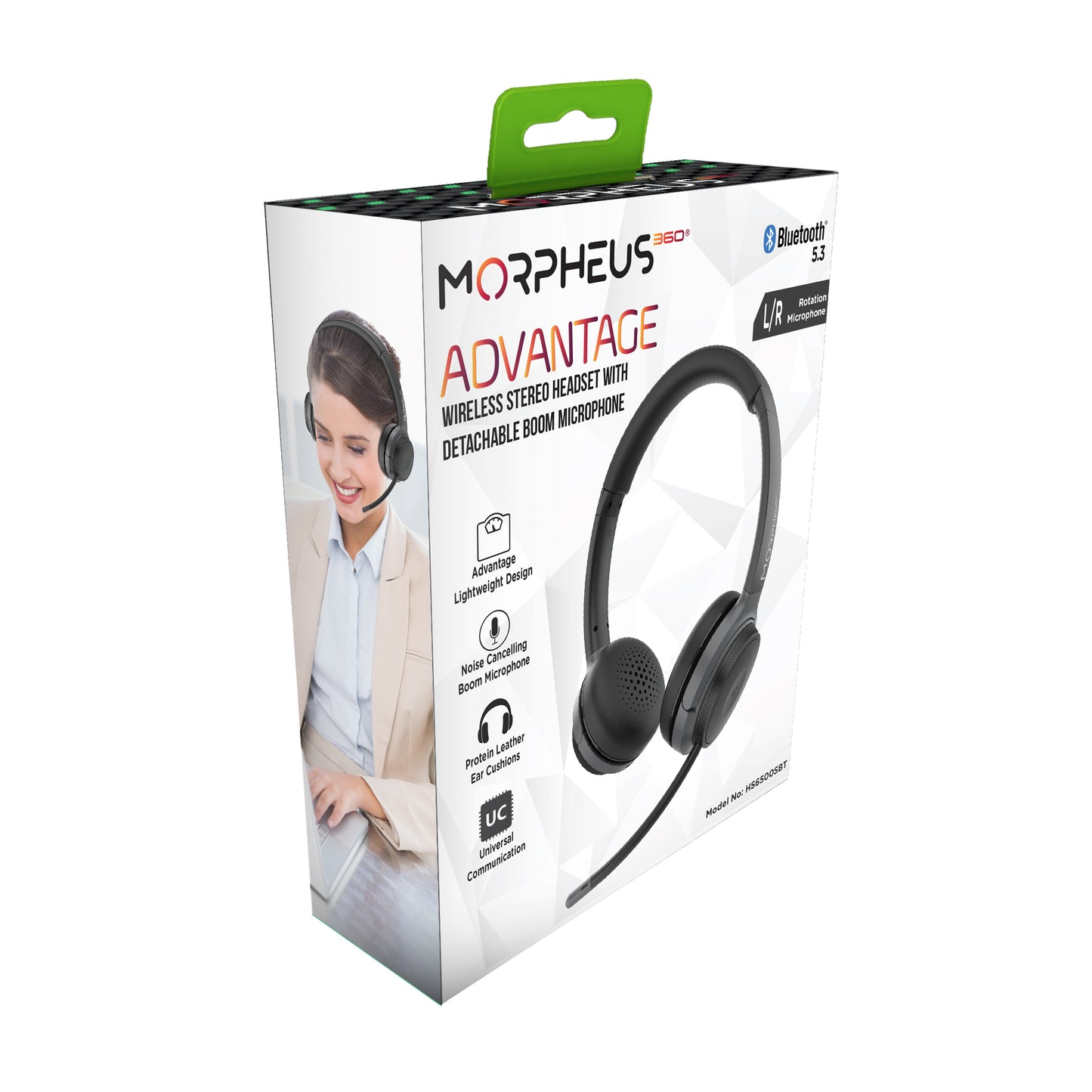 Front angled picture of the Morpheus 360 Advantage Wireless Stereo Headset retail package.