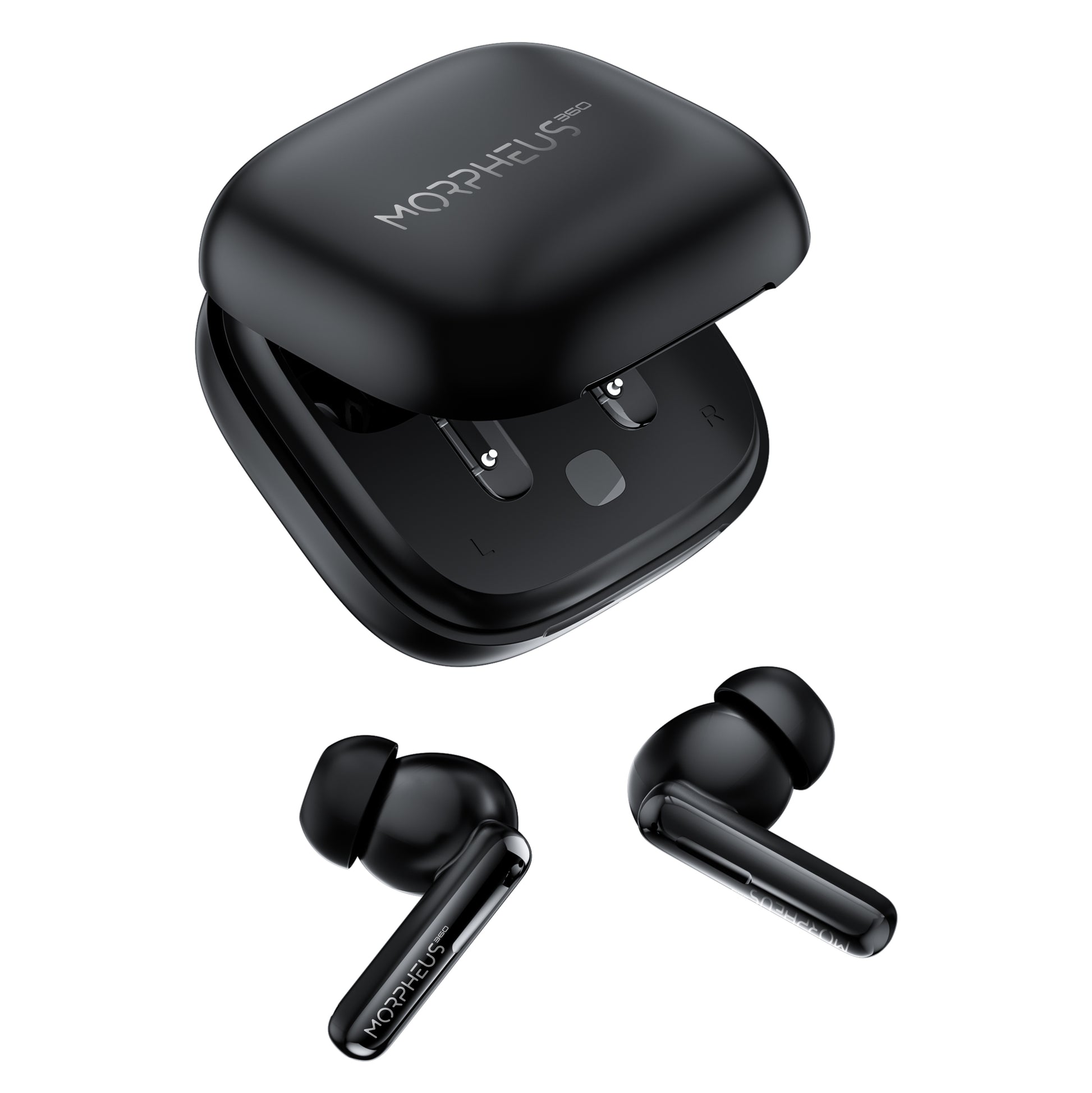 Photo of Morpheus 360 Nemesis ANC True Wireless Earbuds, Black left and right stick earbuds with black charging case