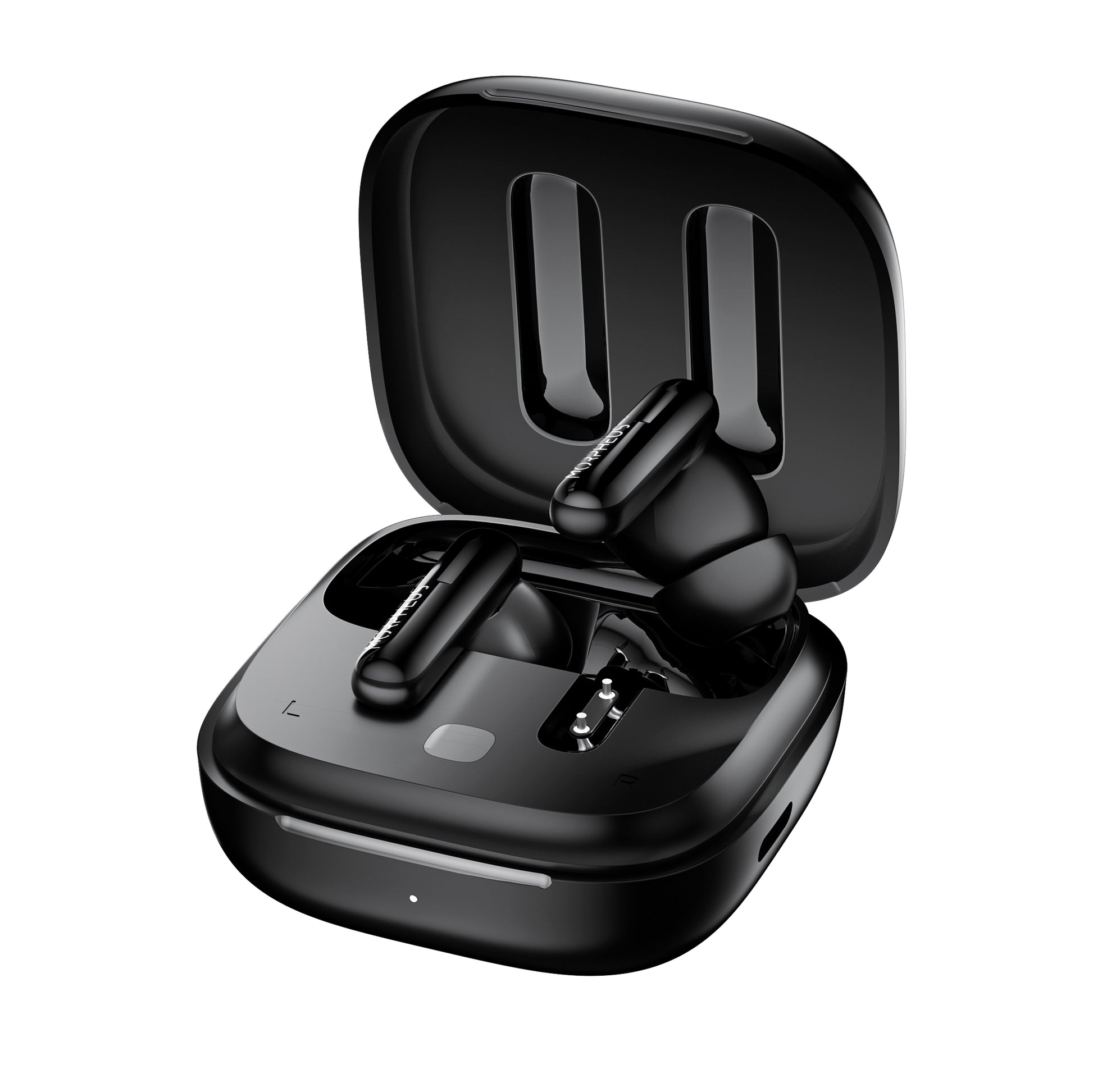 Photo of Morpheus 360 Nemesis ANC True Wireless Earbuds, front view with charging case open, the right black stick earbud is lifted from the charging case while the left earbud is resting in charging case