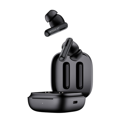 Photo of Morpheus 360 Nemesis ANC True Wireless Earbuds, front view with charging case open and both black stick earbud is above outside of the charging case