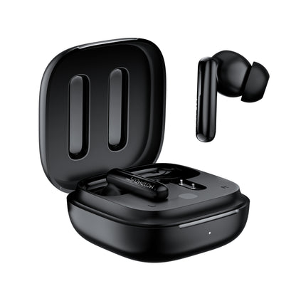 Photo of Morpheus 360 Nemesis ANC True Wireless Earbuds, front view with charging case open, the right black stick earbud is above outside of the charging case while the left earbud is resting in charging case