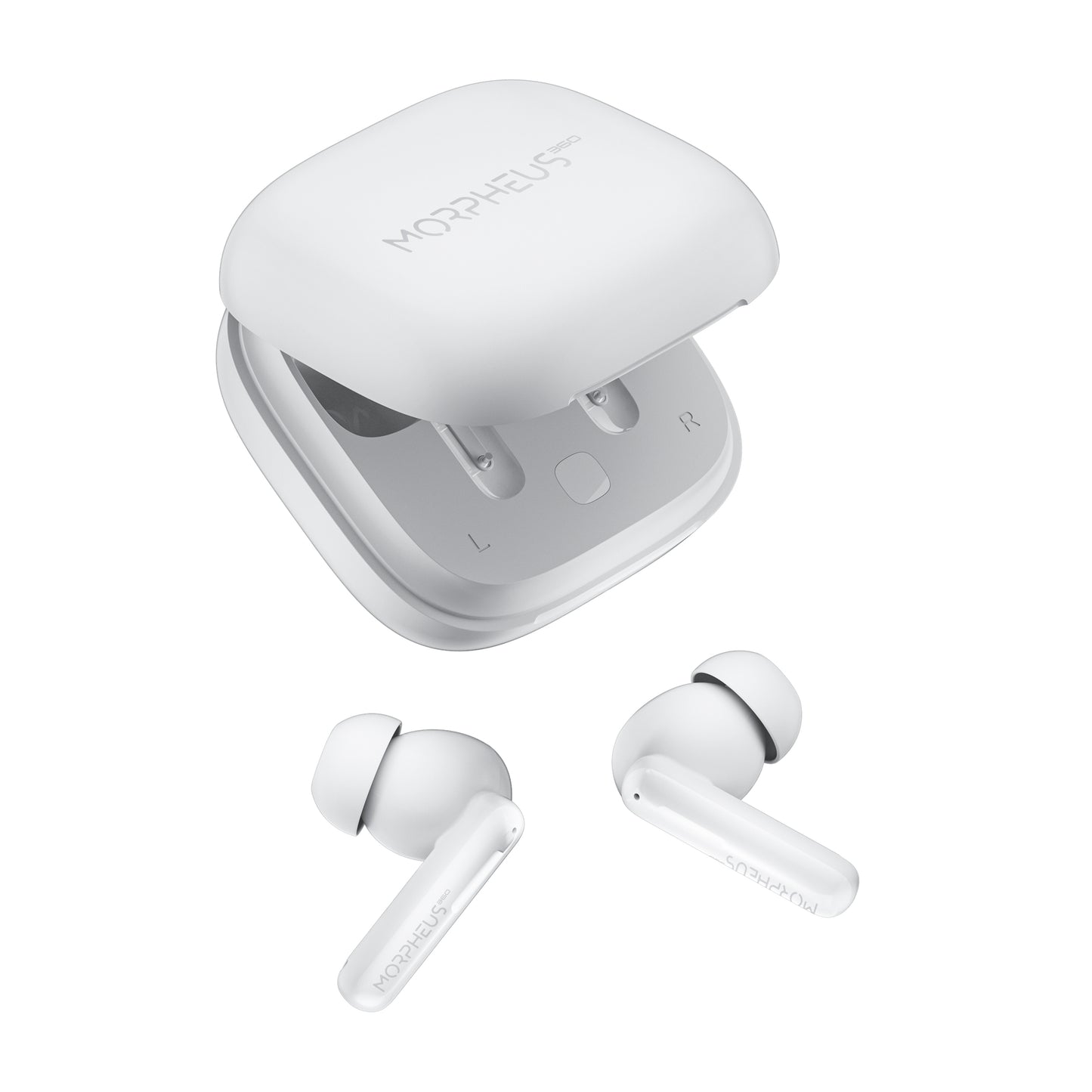 Photo of Morpheus 360 Nemesis ANC True Wireless Earbuds, White left and right stick earbuds with white charging case