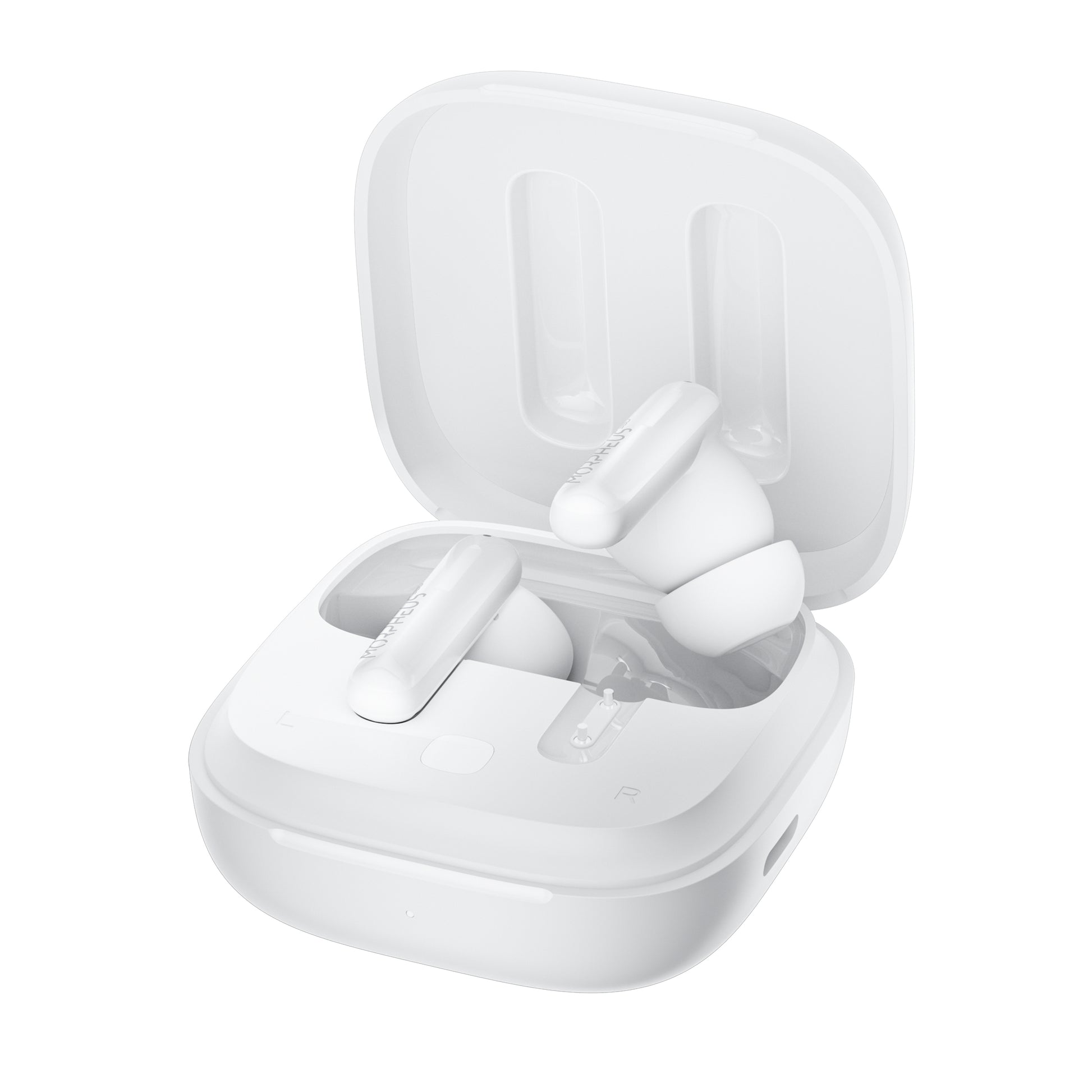 Photo of Morpheus 360 Nemesis ANC True Wireless Earbuds, white left and right stick earbuds with white charging case