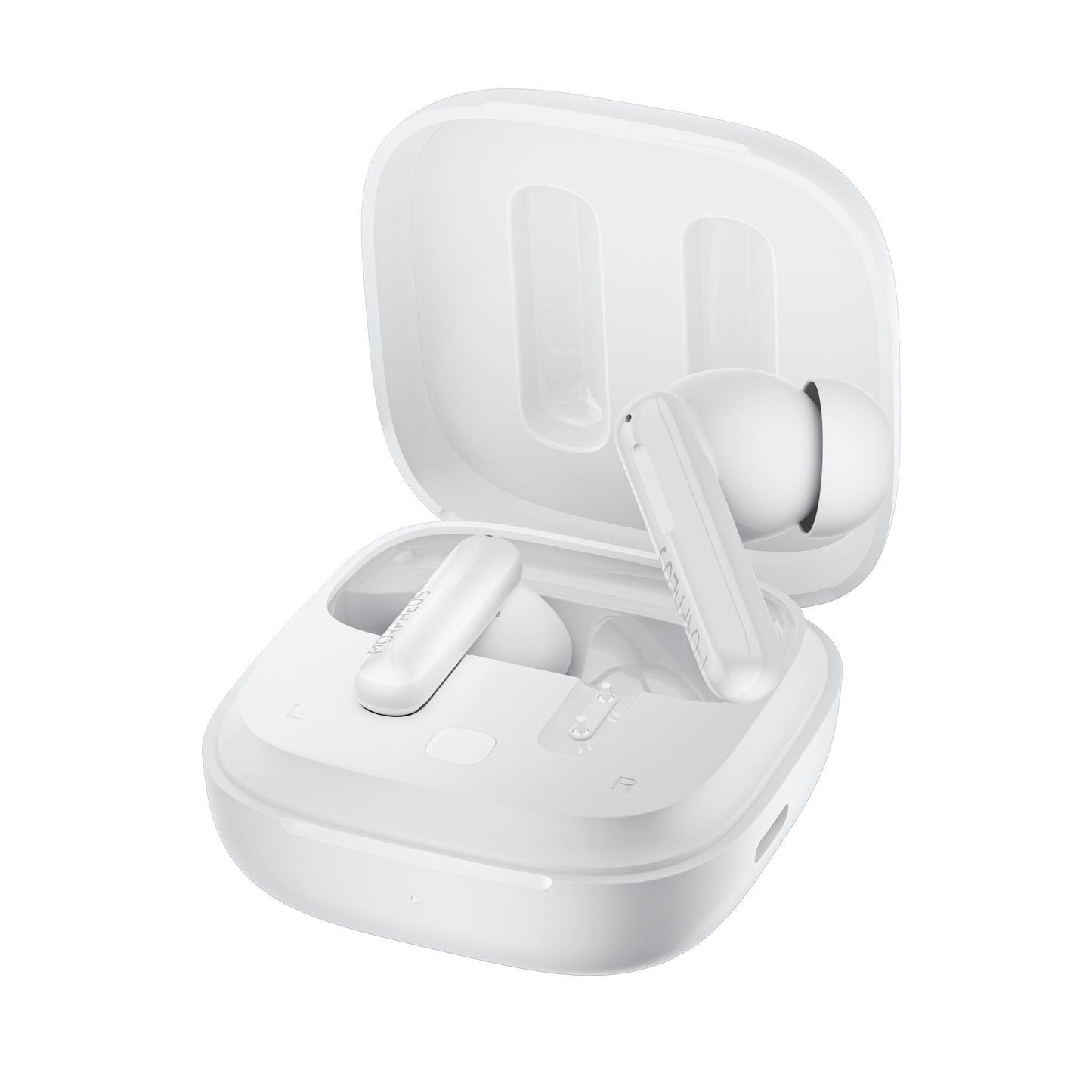 Photo of Morpheus 360 Nemesis ANC True Wireless Earbuds in white, front view with charging case open, the right stick earbud is above outside of the charging case at an angle while the left earbud is resting in charging case