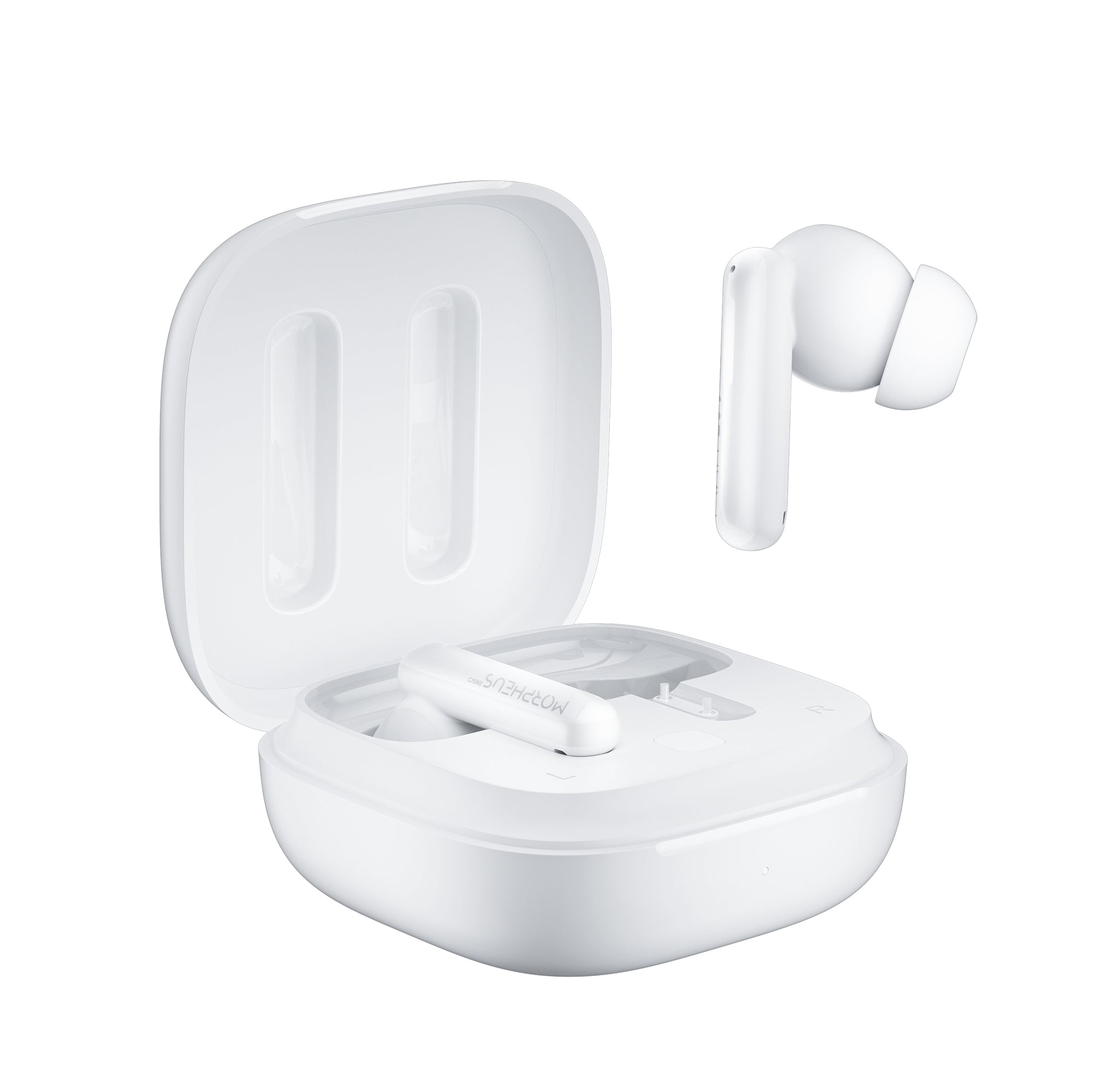 Photo of Morpheus 360 Nemesis ANC True Wireless Earbuds in white, front view with charging case open, the right stick earbud is above outside of the charging case while the left earbud is resting in charging case