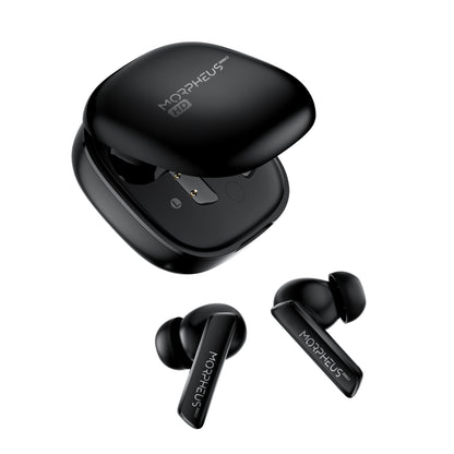 Photo of Morpheus 360 Pulse ANC Hybrid ANC True Wireless Earbuds, Black left and right stick earbuds with black charging case