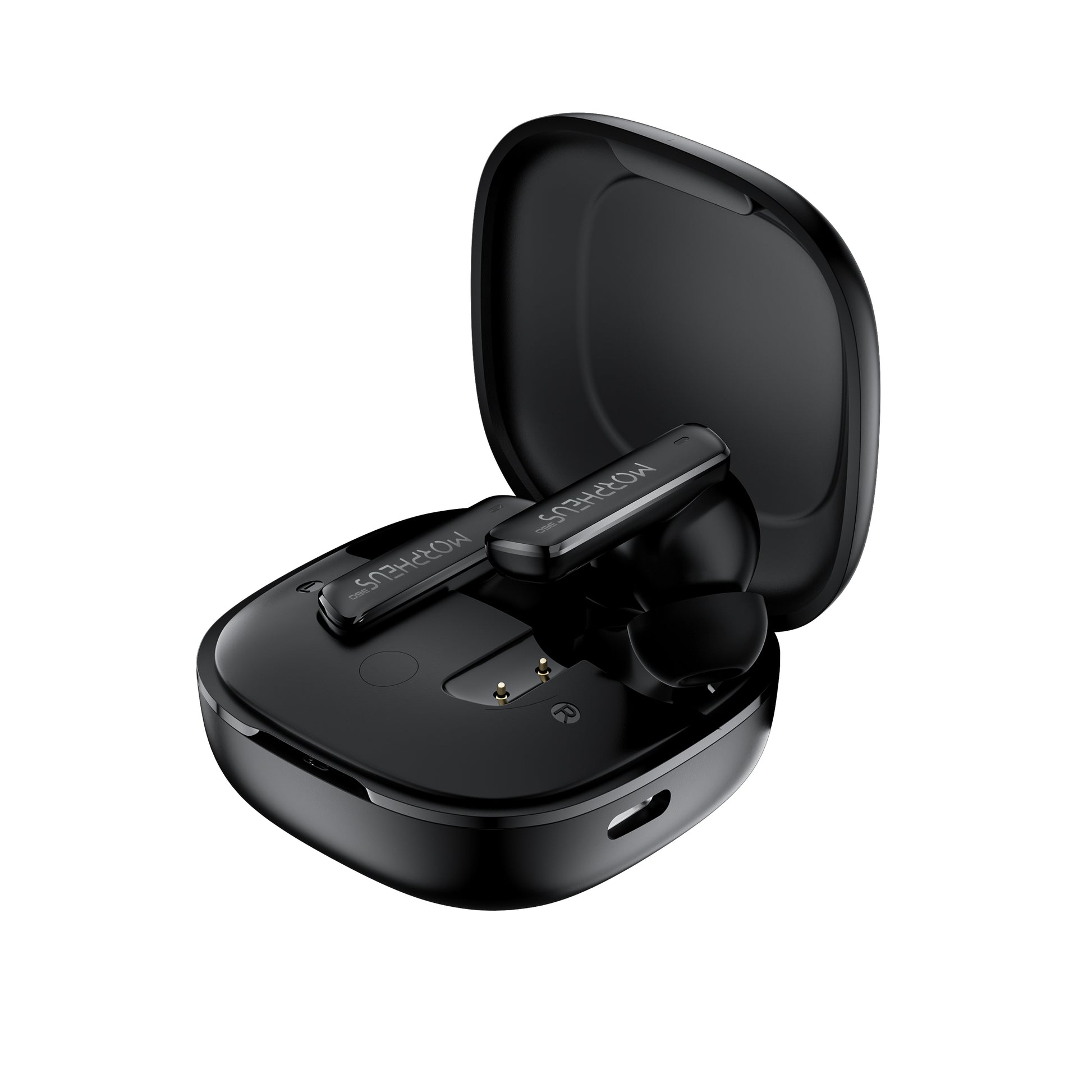 Photo of Morpheus 360 Pulse ANC Hybrid ANC True Wireless Earbuds, front view with charging case open, the right black stick earbud is lifted from the charging case while the left earbud is resting in charging case